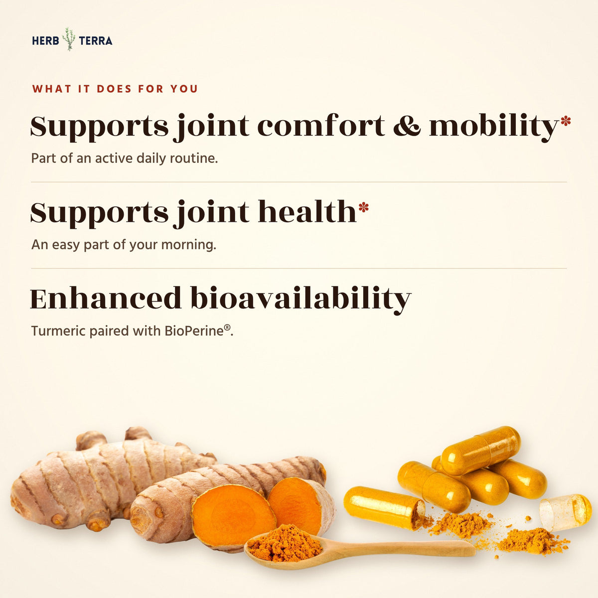 Herb Terra Turmeric Curcumin with BioPerine 120 Veg Capsules: what it does for you list with turmeric root and capsules