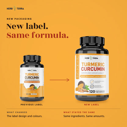 Herb Terra Turmeric Curcumin with BioPerine 120 Veg Capsules: previous label and new label side by side