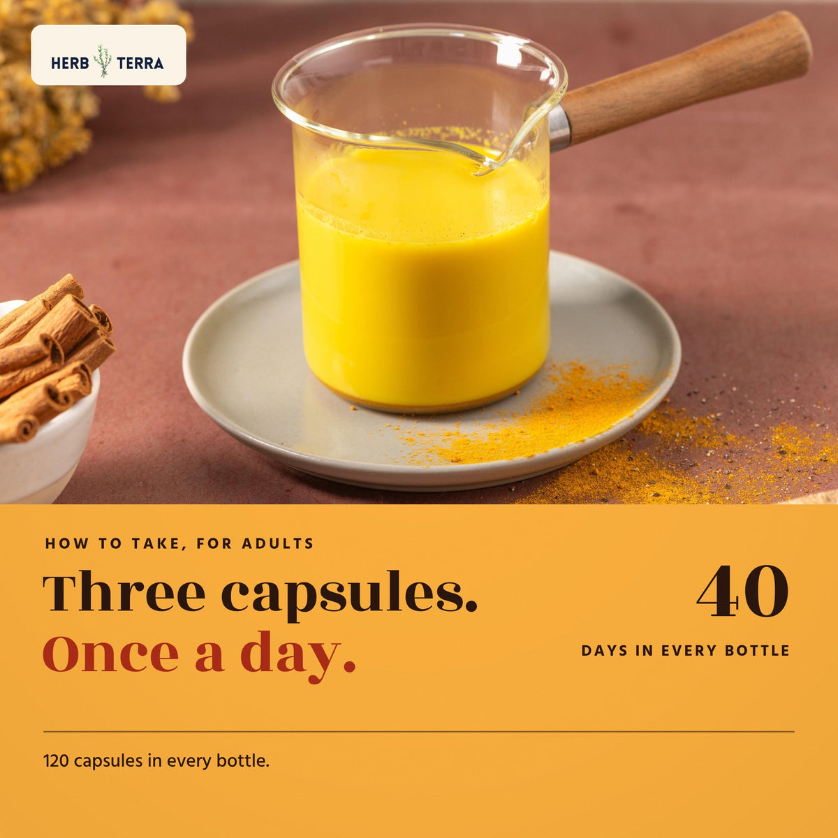 Herb Terra Turmeric Curcumin with BioPerine 120 Veg Capsules: how to take, three capsules once a day, golden turmeric drink