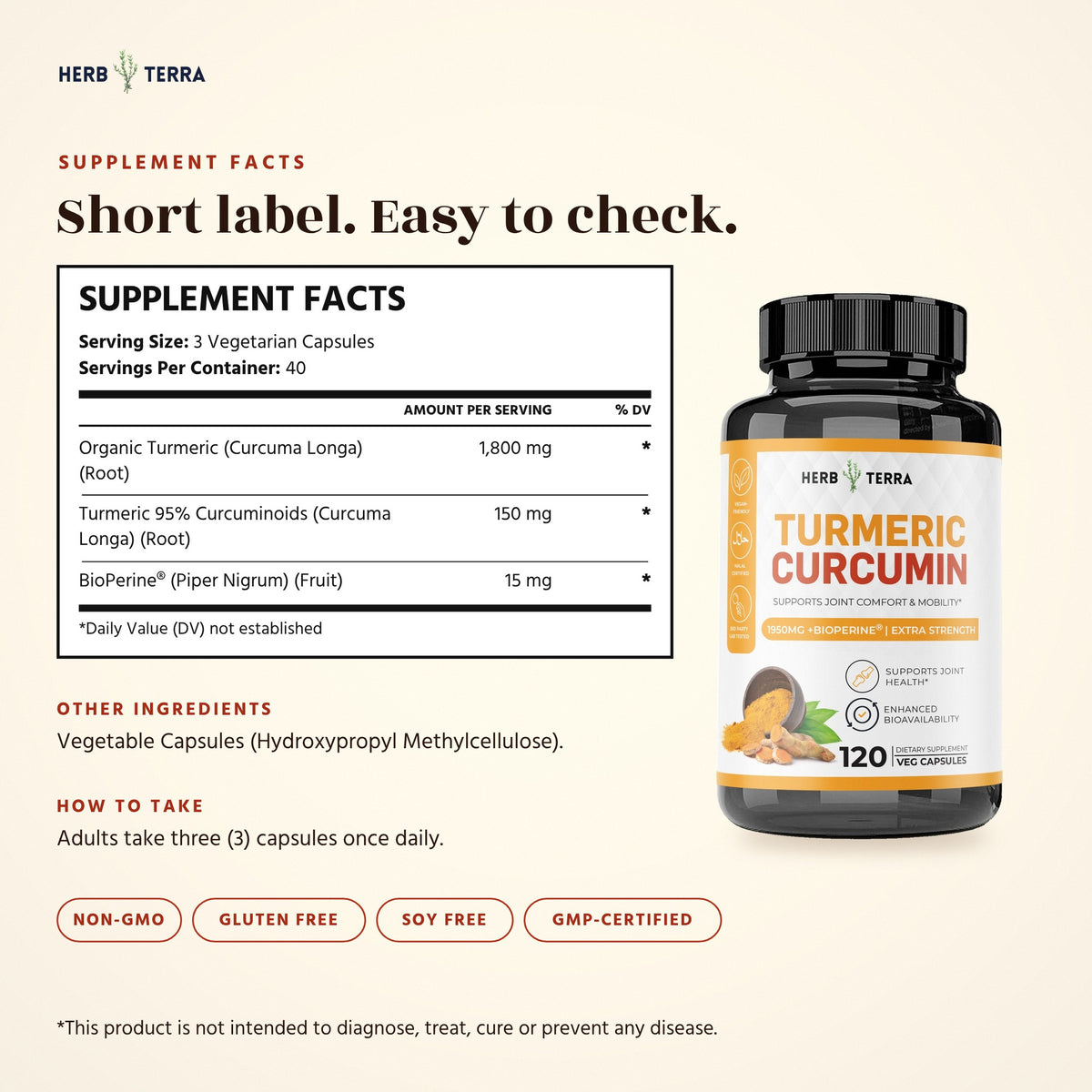 Herb Terra Turmeric Curcumin with BioPerine 120 Veg Capsules: supplement facts panel, other ingredients and directions