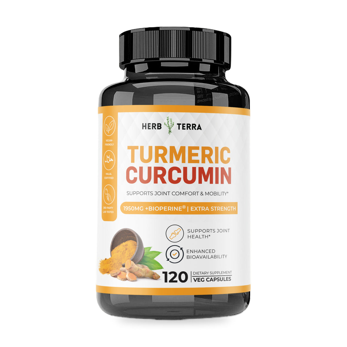 Herb Terra Turmeric Curcumin with BioPerine 120 Veg Capsules: bottle front on white background
