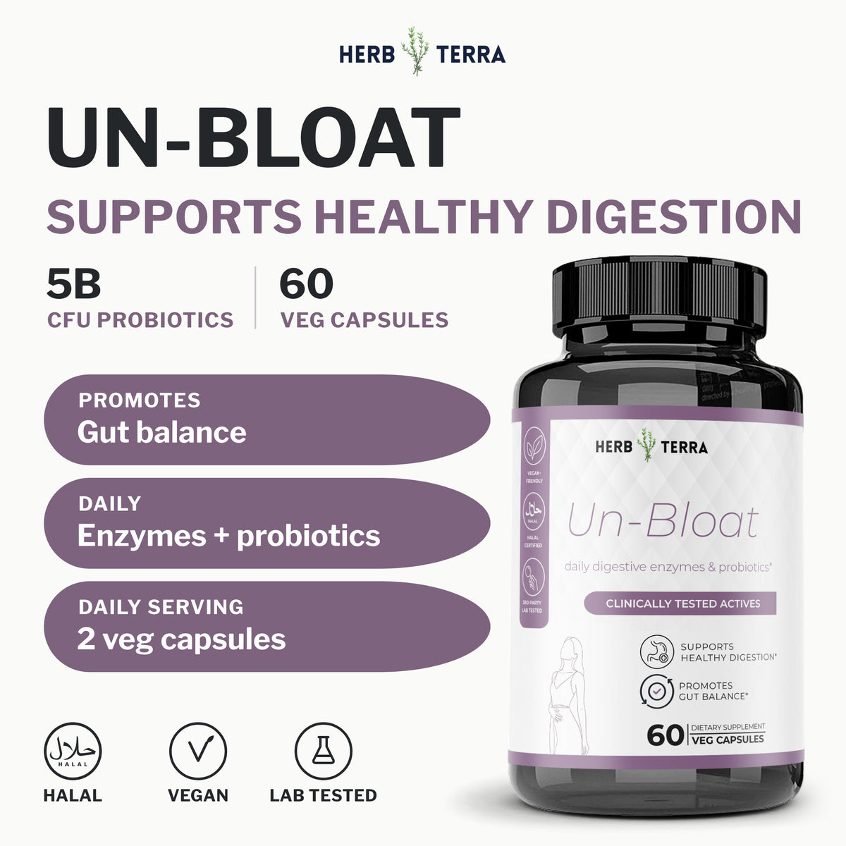 Herb Terra Un-Bloat Enzymes and Probiotics 60 Veg Capsules: front cover with bottle, 5 billion CFU and halal, vegan icons