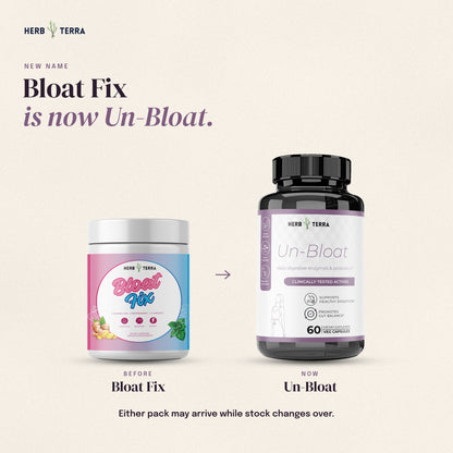 Herb Terra Un-Bloat Enzymes and Probiotics 60 Veg Capsules: Bloat Fix tub renamed Un-Bloat, old and new pack side by side
