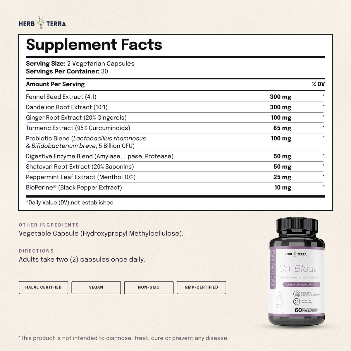 Herb Terra Un-Bloat Enzymes and Probiotics 60 Veg Capsules: supplement facts panel, other ingredients and directions