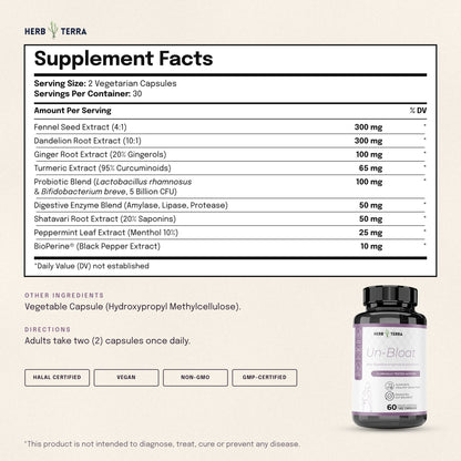 Herb Terra Un-Bloat Enzymes and Probiotics 60 Veg Capsules: supplement facts panel, other ingredients and directions