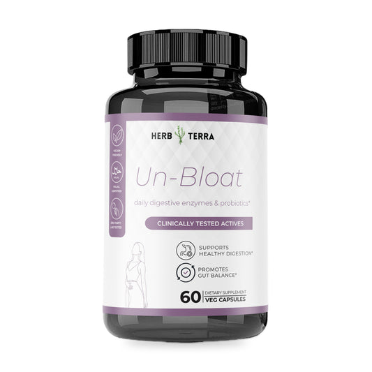 Herb Terra Un-Bloat Enzymes and Probiotics 60 Veg Capsules: bottle front on white background