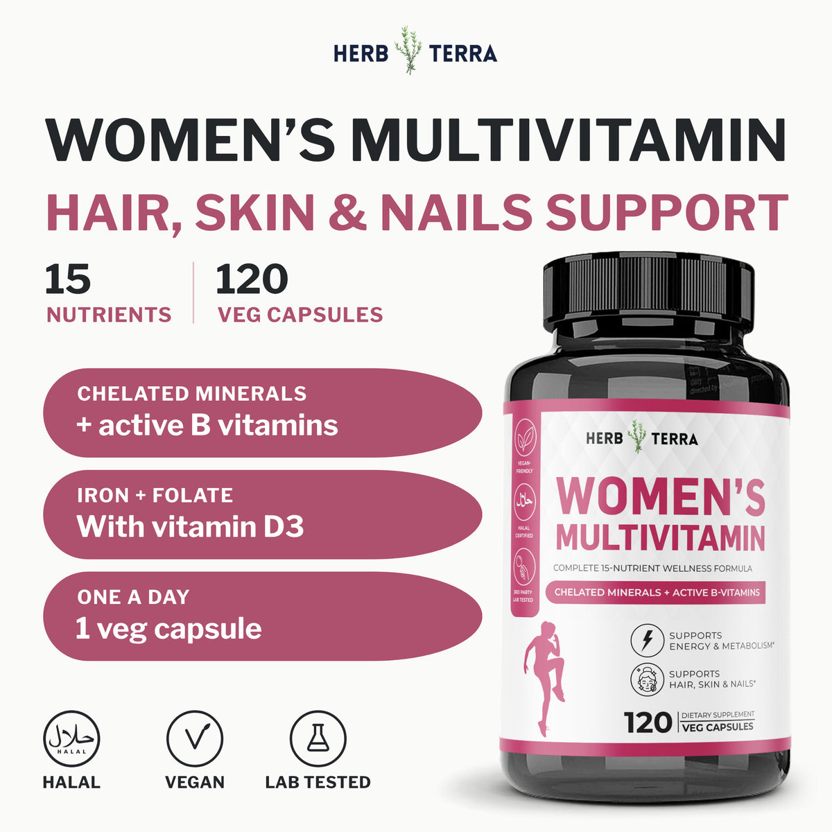 Herb Terra Women's Multivitamin 120 Veg Capsules: front cover with bottle, 15 nutrients and halal, vegan, lab tested icons