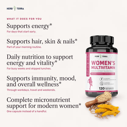 Herb Terra Women's Multivitamin 120 Veg Capsules: what it does for you list beside the bottle with turmeric root