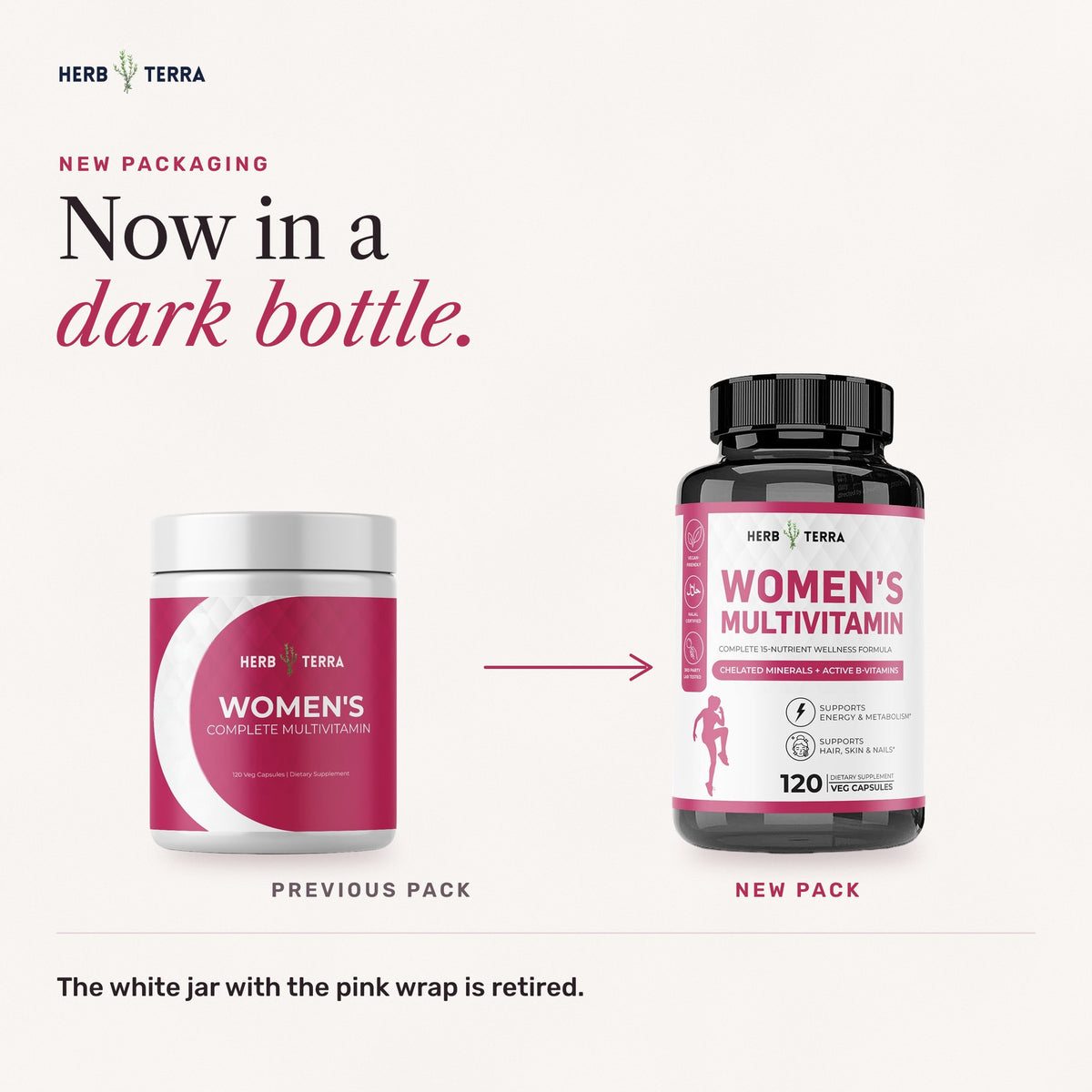 Herb Terra Women's Multivitamin 120 Veg Capsules: previous white jar and new dark bottle side by side