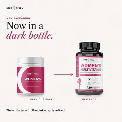 Herb Terra Women's Multivitamin 120 Veg Capsules: previous white jar and new dark bottle side by side
