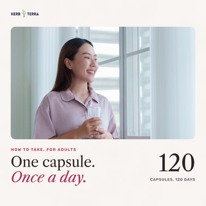 Herb Terra Women's Multivitamin 120 Veg Capsules: how to take, one capsule a day, woman by a window with water