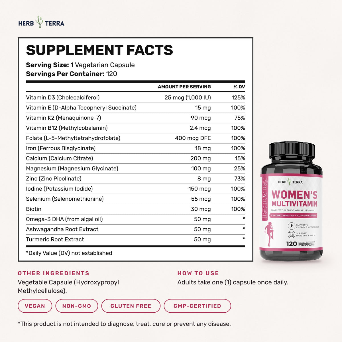 Herb Terra Women's Multivitamin 120 Veg Capsules: supplement facts panel, other ingredients and directions