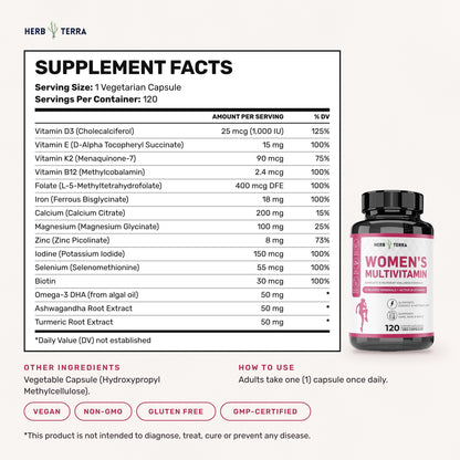 Herb Terra Women's Multivitamin 120 Veg Capsules: supplement facts panel, other ingredients and directions