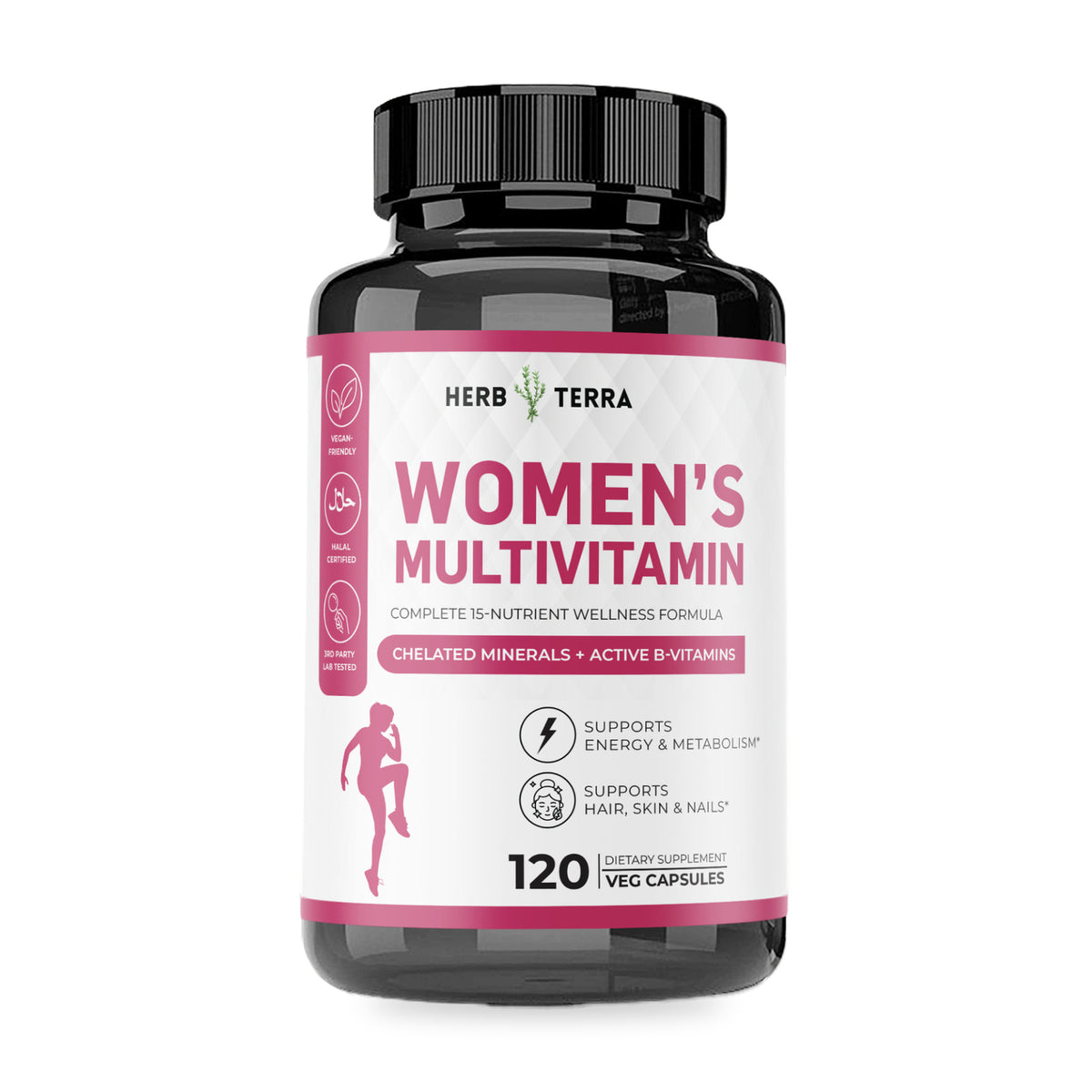 Herb Terra Women's Multivitamin 120 Veg Capsules: bottle front on white background